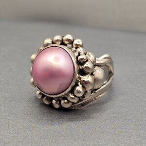 VTG Masha Archer Sterling Silver Pink Mabe Pearl Ring Size 7 Brutalist Statement